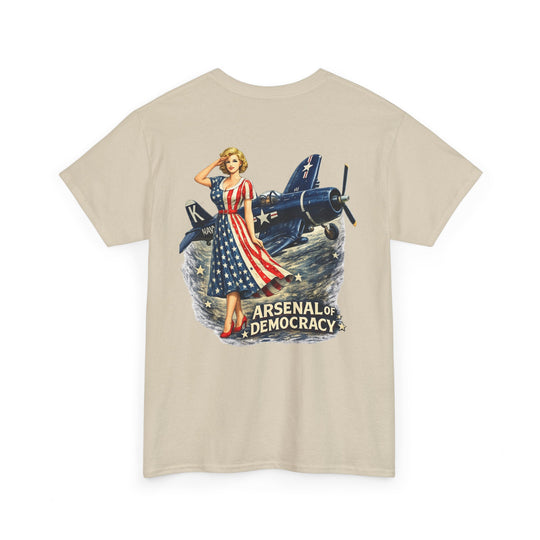 Vintage Pinup Plane T-Shirt — “Arsenal of Democracy” Retro Patriotic Tee