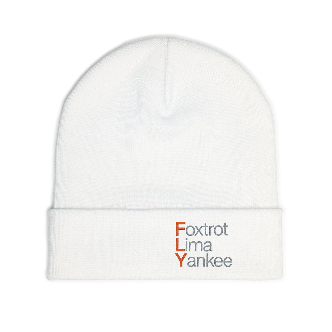 Embroidered 'FLY' Knit Beanie – Cozy Winter Hat with Vertical Accent