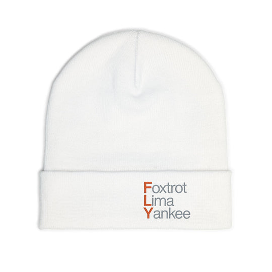 Embroidered 'FLY' Knit Beanie – Cozy Winter Hat with Vertical Accent