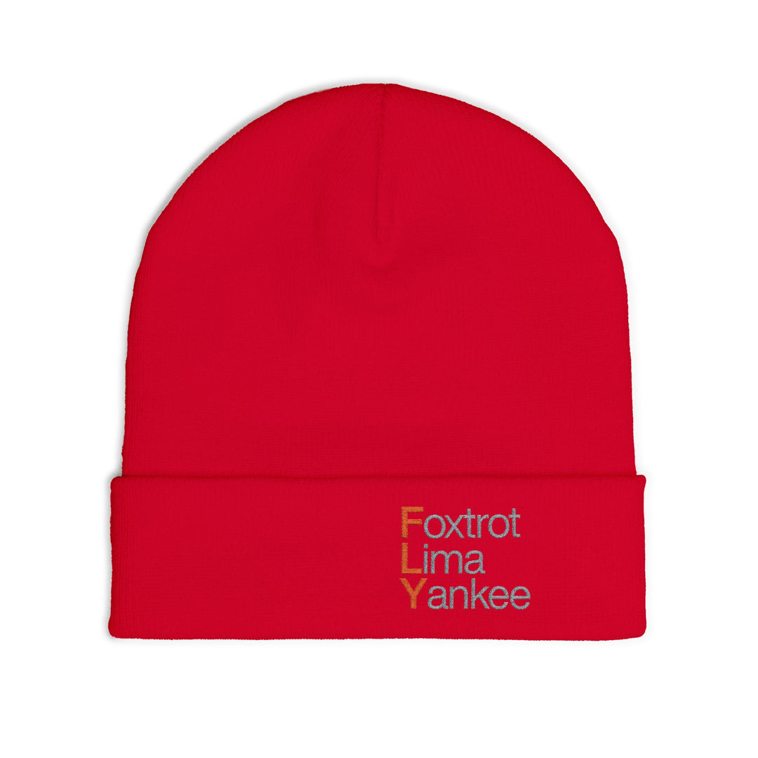 Embroidered 'FLY' Knit Beanie – Cozy Winter Hat with Vertical Accent