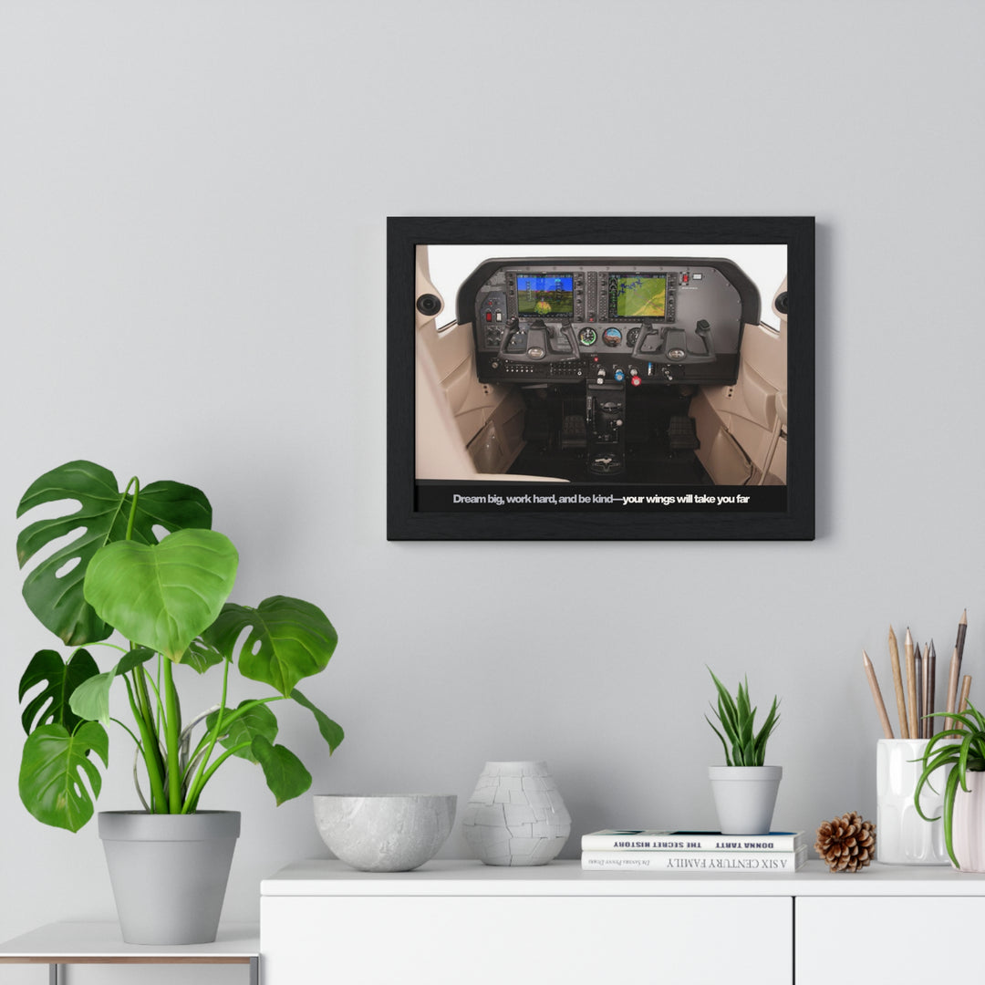 Framed Pilot Cockpit Poster — "Dream big, work hard, and be kind — your wings will take you far"