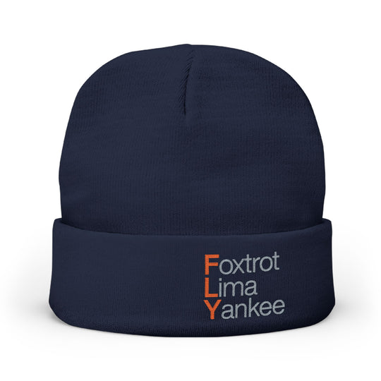 Embroidered 'FLY' Knit Beanie – Cozy Winter Hat with Vertical Accent