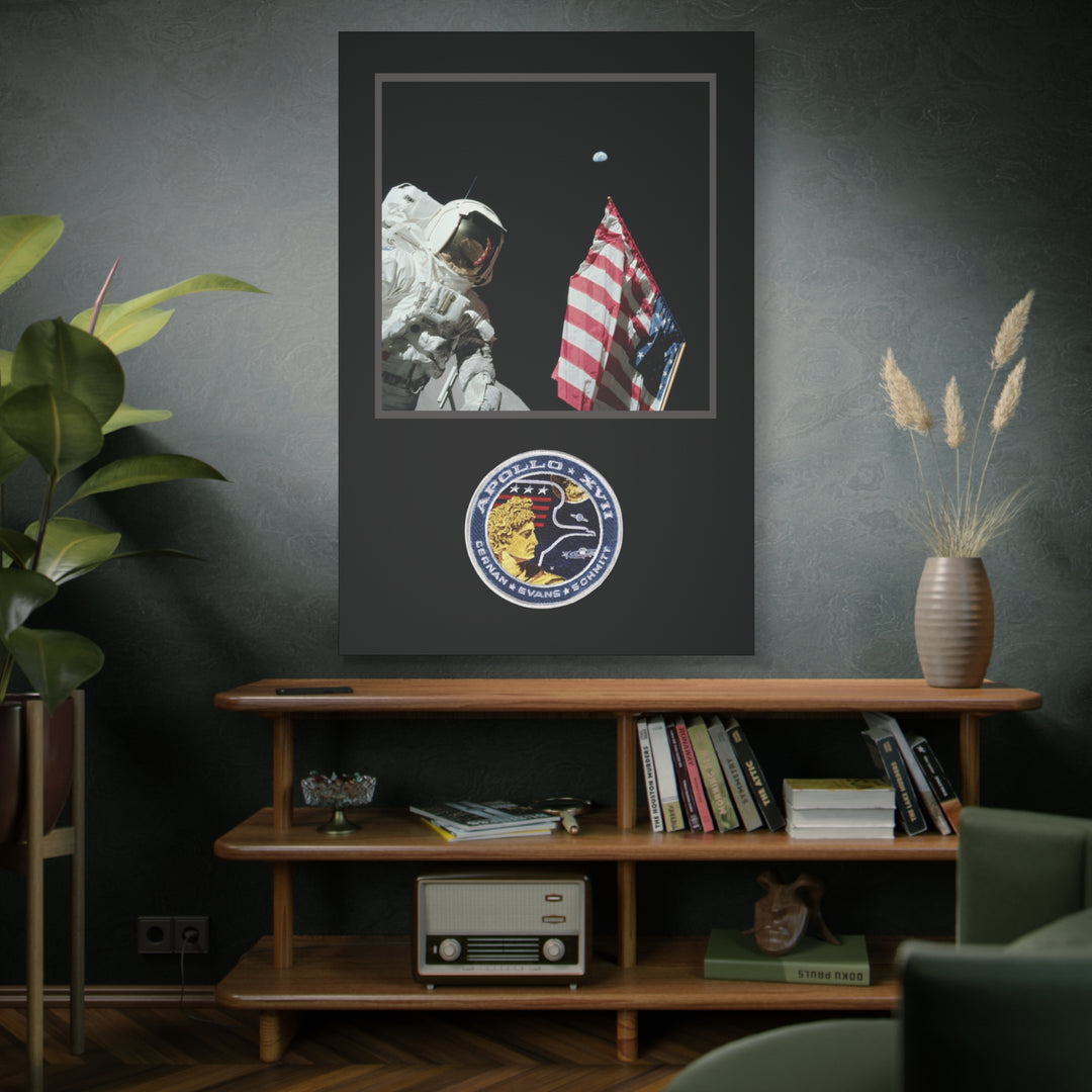 Apollo 17 Moon Landing Flag & Earth– Aviation Canvas Wall Art | Pilot & Airport Artwork