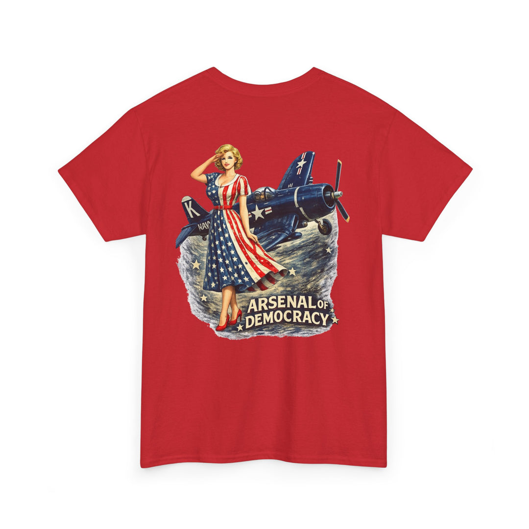 Vintage Pinup Plane T-Shirt — “Arsenal of Democracy” Retro Patriotic Tee