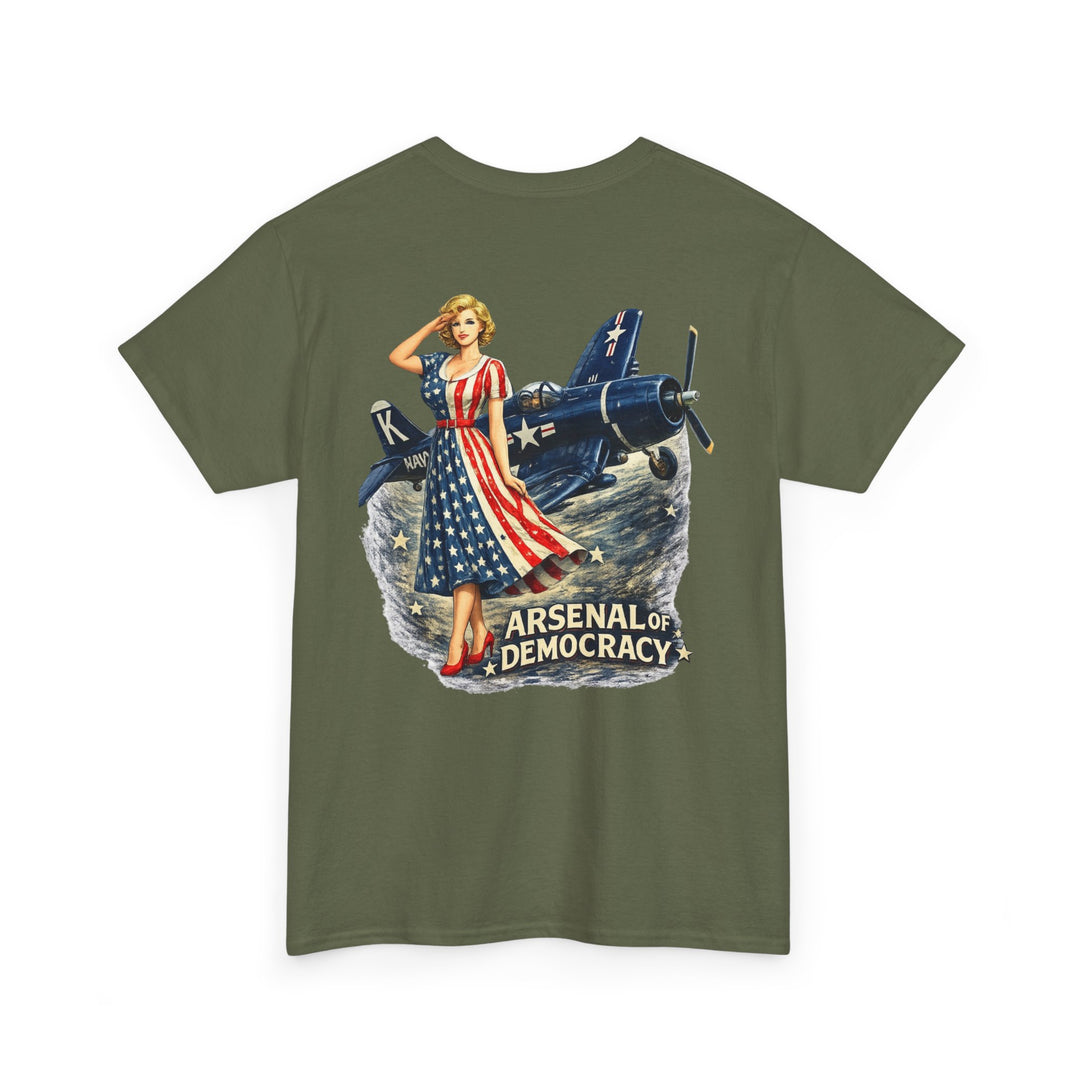 Vintage Pinup Plane T-Shirt — “Arsenal of Democracy” Retro Patriotic Tee