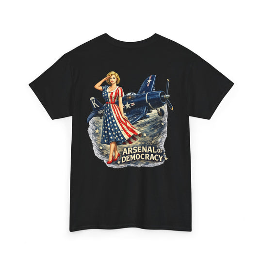 Vintage Pinup Plane T-Shirt — “Arsenal of Democracy” Retro Patriotic Tee