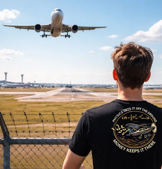 Physics Gets It Off the Ground, Money Keeps It There – Aviation Graphic Tee