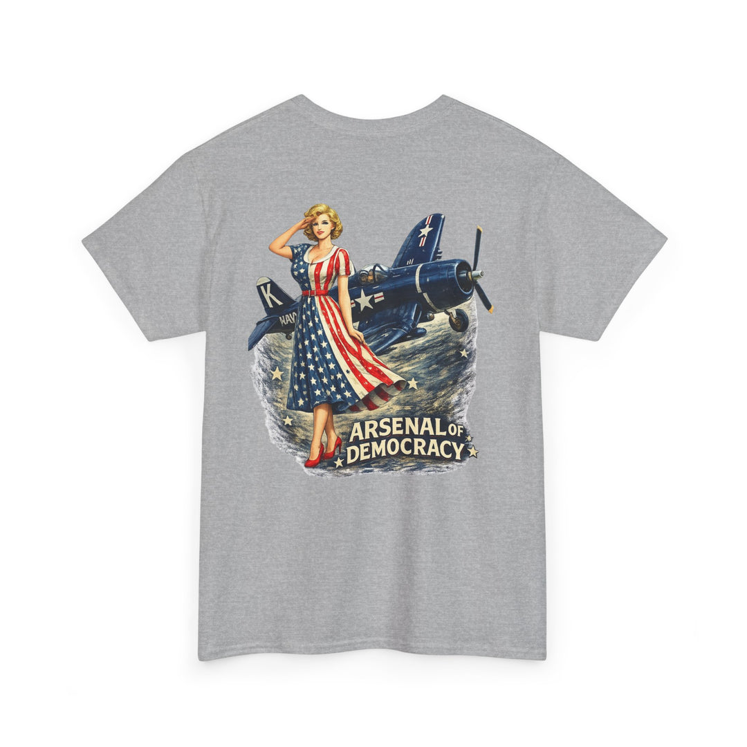 Vintage Pinup Plane T-Shirt — “Arsenal of Democracy” Retro Patriotic Tee