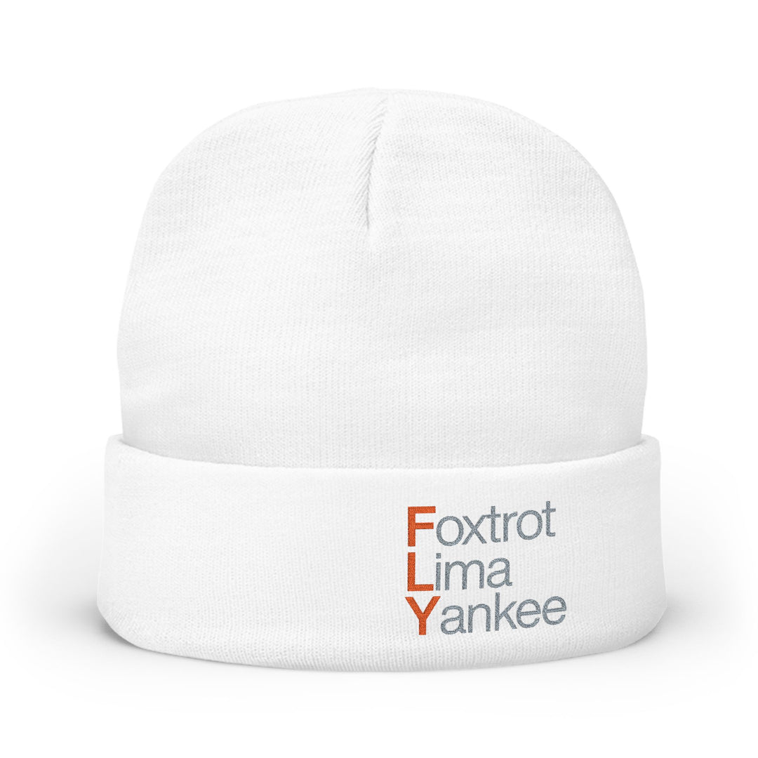 Embroidered 'FLY' Knit Beanie – Cozy Winter Hat with Vertical Accent