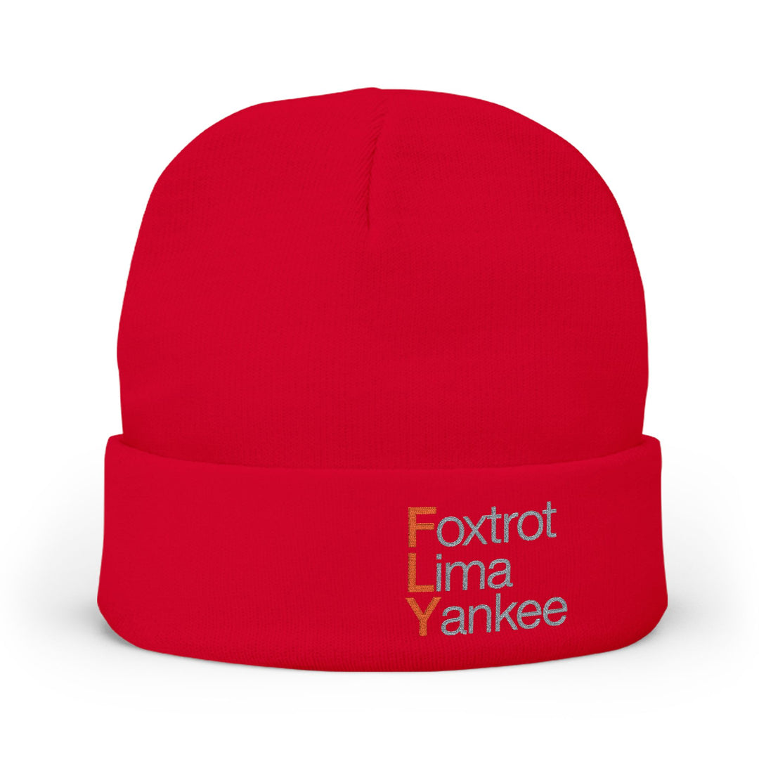 Embroidered 'FLY' Knit Beanie – Cozy Winter Hat with Vertical Accent