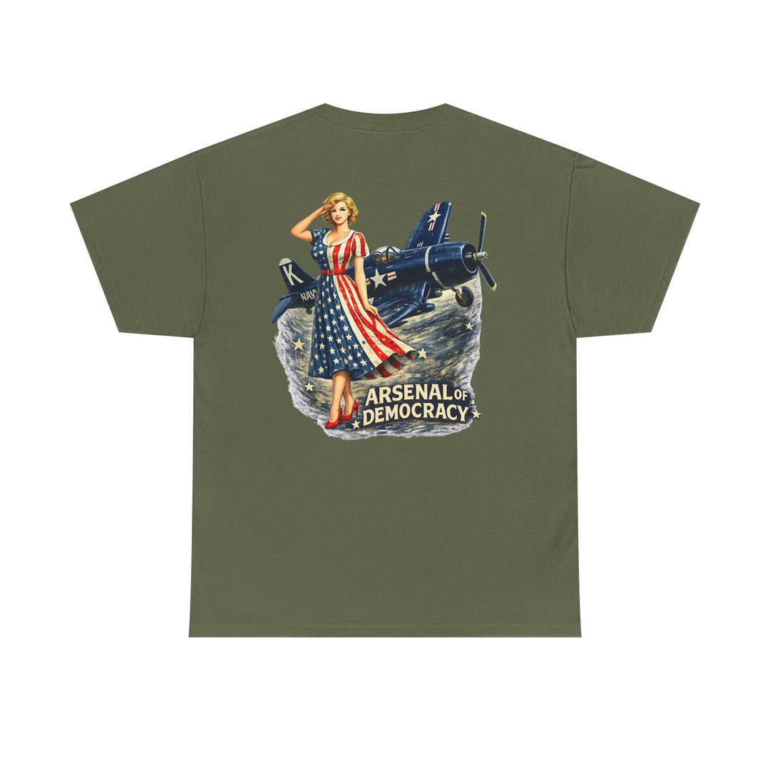 Vintage Pinup Plane T-Shirt — “Arsenal of Democracy” Retro Patriotic Tee