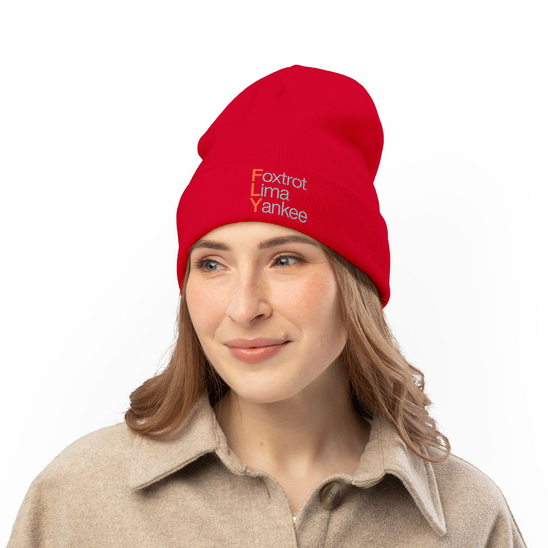 Embroidered 'FLY' Knit Beanie – Cozy Winter Hat with Vertical Accent