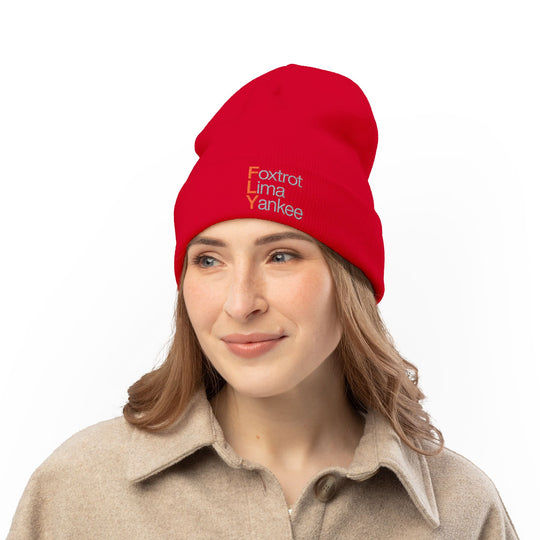 Embroidered 'FLY' Knit Beanie – Cozy Winter Hat with Vertical Accent
