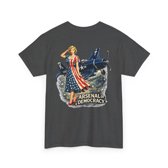 Vintage Pinup Plane T-Shirt — “Arsenal of Democracy” Retro Patriotic Tee