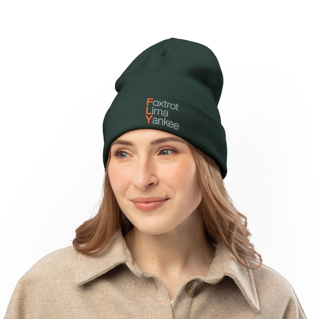 Embroidered 'FLY' Knit Beanie – Cozy Winter Hat with Vertical Accent