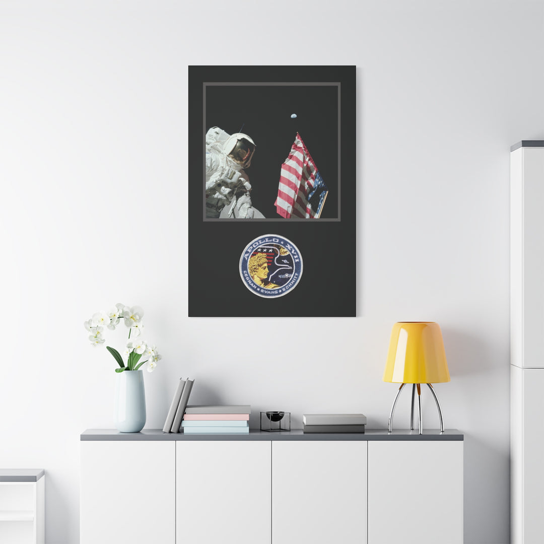 Apollo 17 Moon Landing Flag & Earth– Aviation Canvas Wall Art | Pilot & Airport Artwork