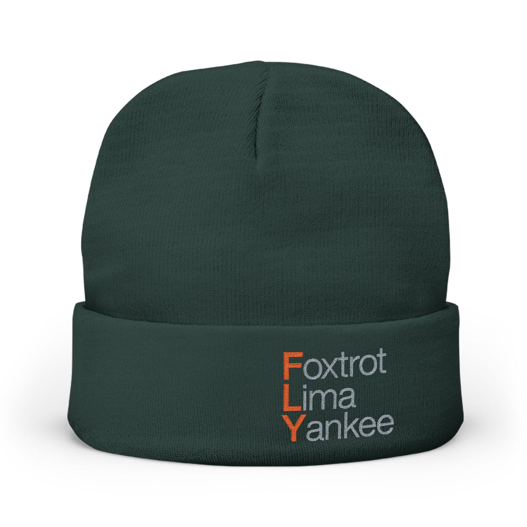 Embroidered 'FLY' Knit Beanie – Cozy Winter Hat with Vertical Accent