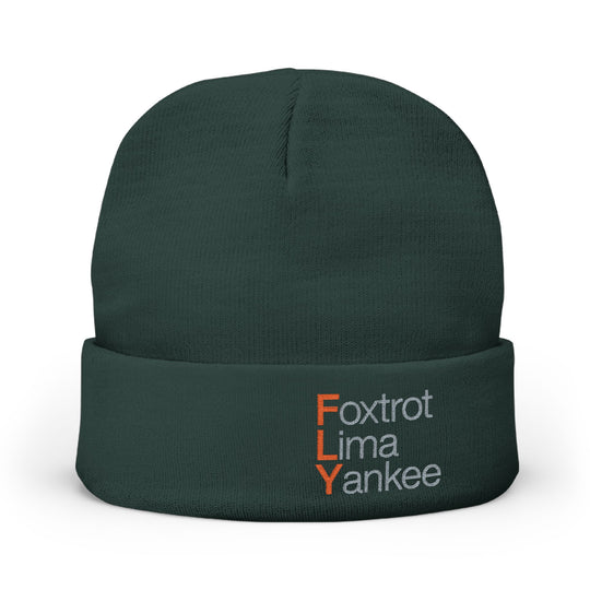 Embroidered 'FLY' Knit Beanie – Cozy Winter Hat with Vertical Accent