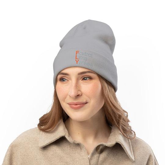 Embroidered 'FLY' Knit Beanie – Cozy Winter Hat with Vertical Accent